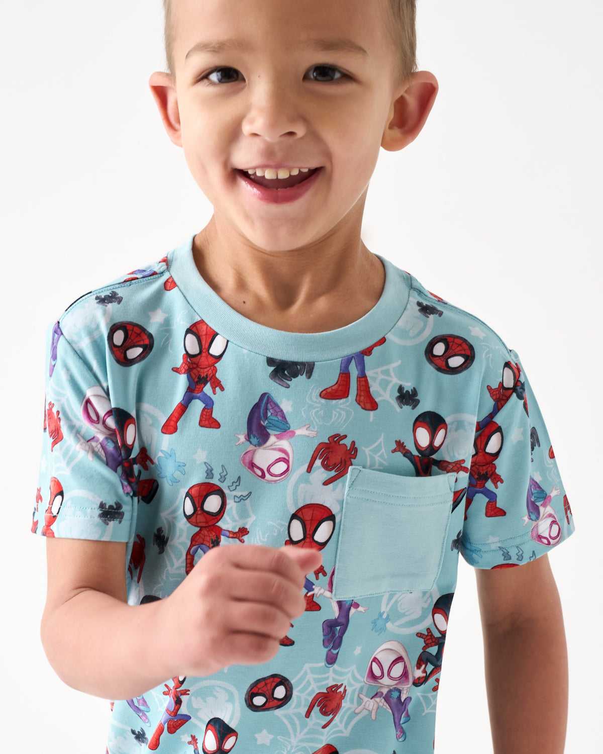 Close up of boy wearing the Spidey & Friends Tiny Webs Relaxed Pocket Tee