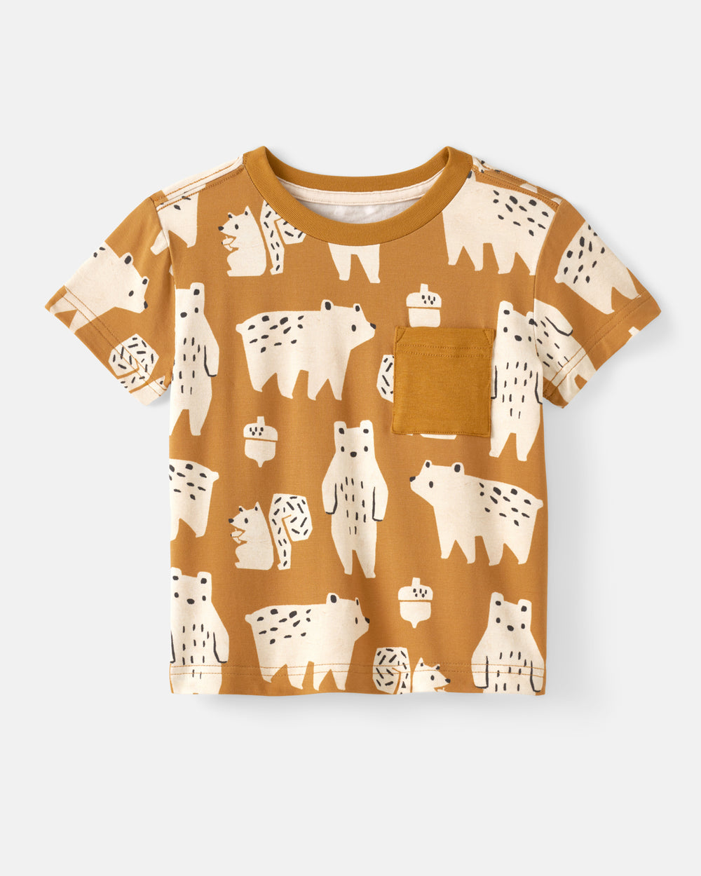A toddler's short-sleeve t-shirt in a warm mustard yellow color, featuring an all-over cream-colored polar bear pattern with small brown spots and a matching solid mustard yellow chest pocket.