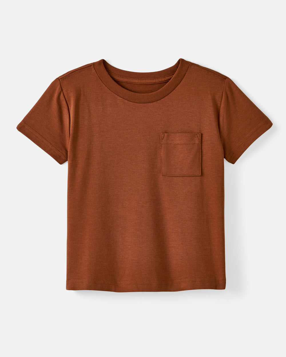 A rust-colored short-sleeve crewneck t-shirt with a single chest pocket, displayed flat against a light gray background.