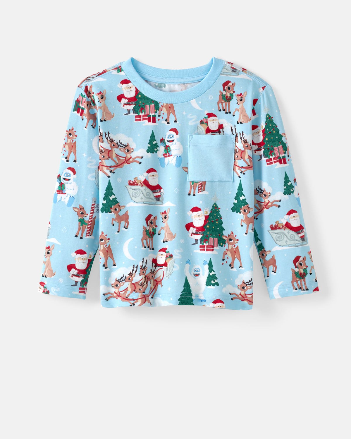 A light blue long-sleeve crewneck shirt with a festive Christmas print featuring Santa Claus, reindeer, dogs, and Christmas trees, shown against a plain light gray background.