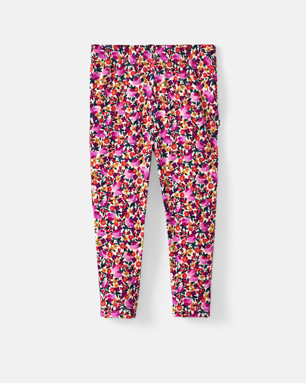 A pair of children's leggings with an all-over dense abstract floral print in pink, orange, yellow, red, and black on a light gray background.