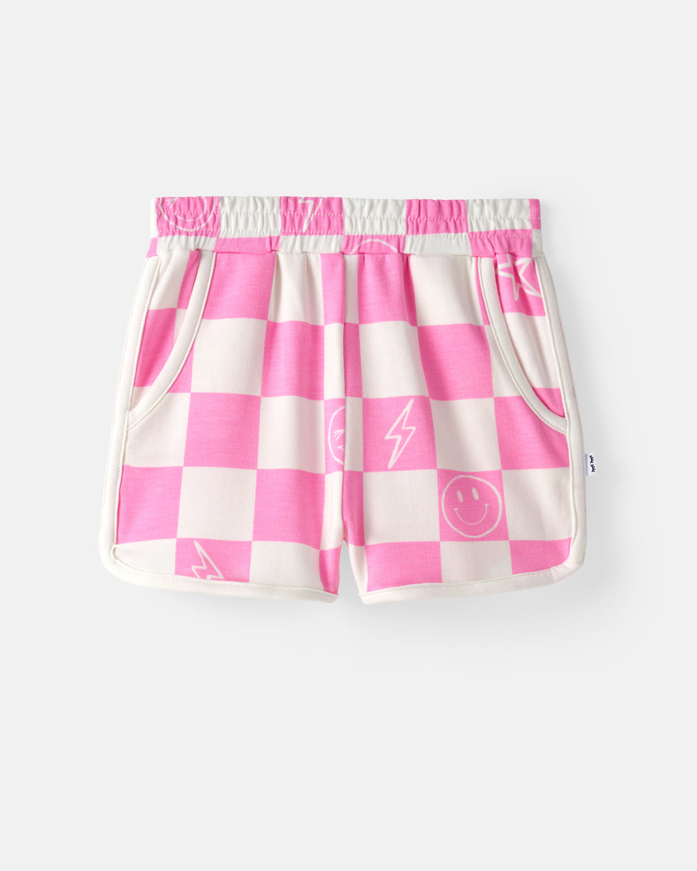 Flat lay of the Cheery Checks Pink Dolphin Shorts