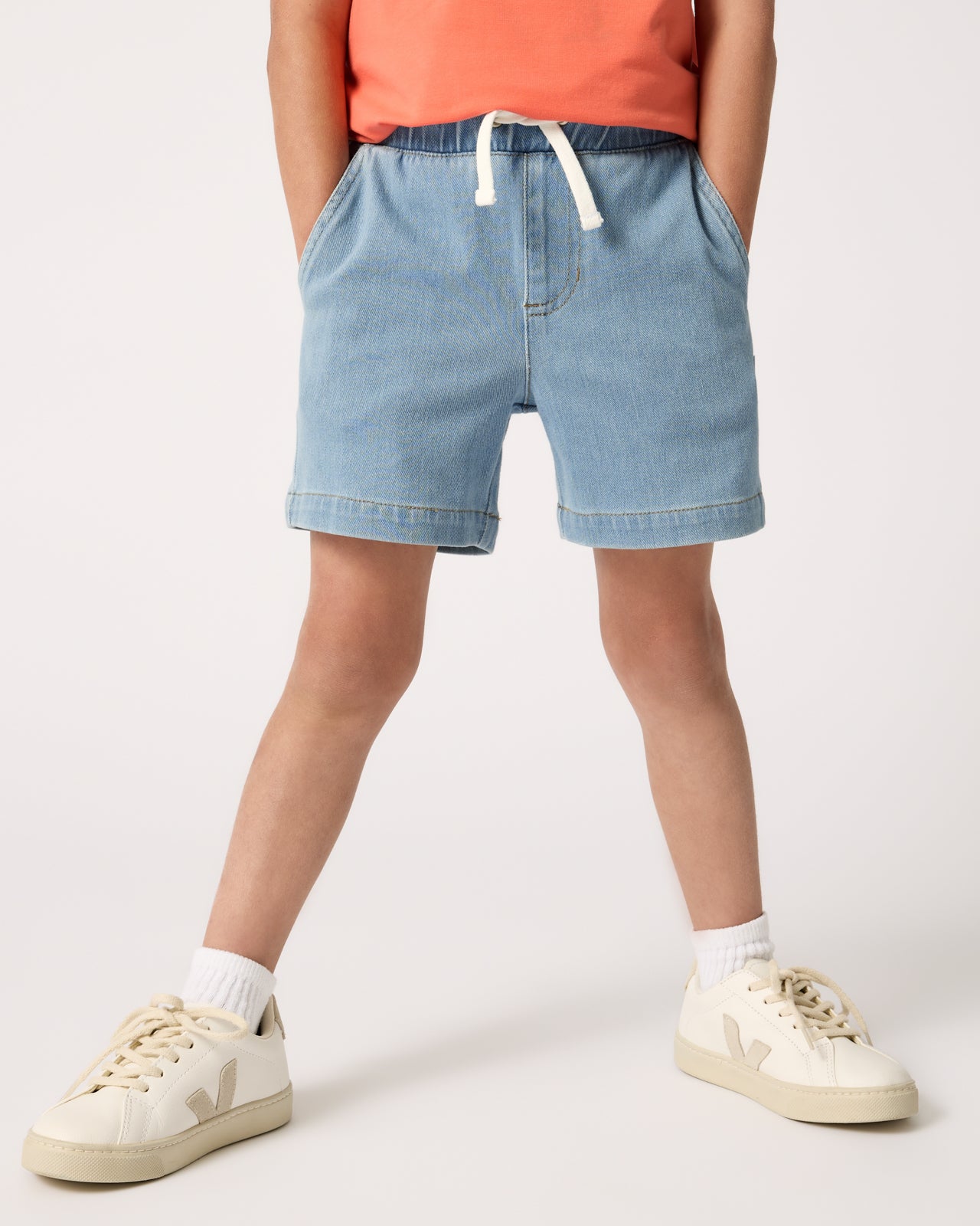 Boy wearing the Light Denim Chino Shorts