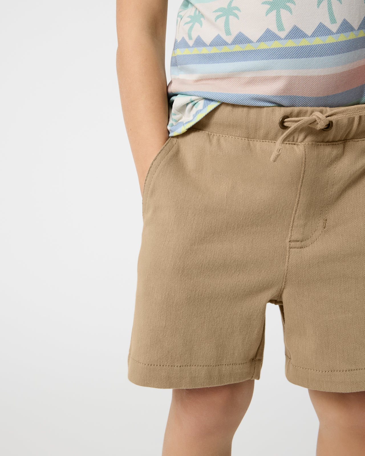 Close up of boy wearing the Toasted Hazelnut Chino Shorts
