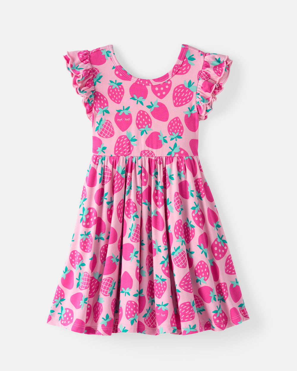 Flat lay of the Sweet Strawberries Flutter Twirl Dress