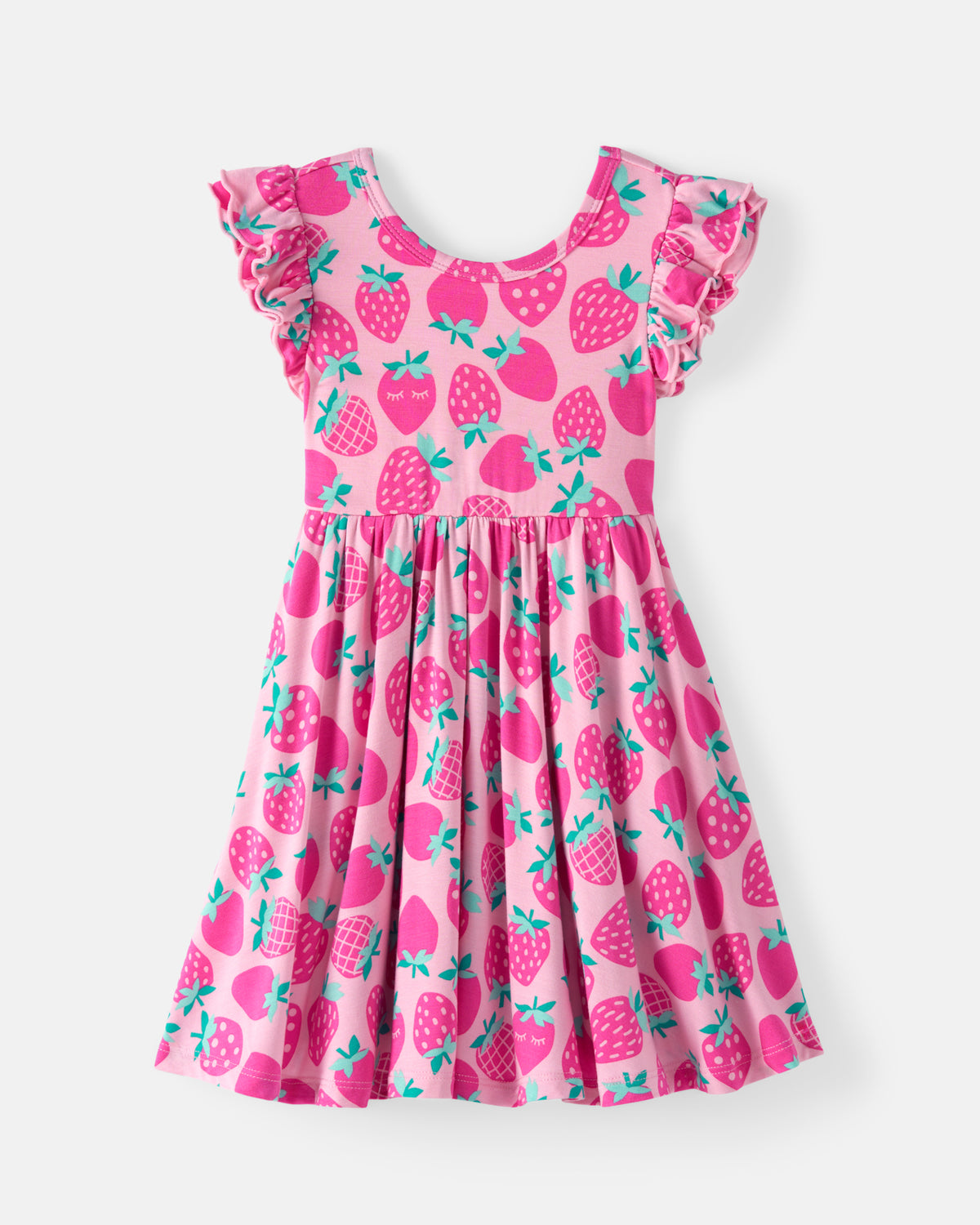 Flat lay of the Sweet Strawberries Flutter Twirl Dress