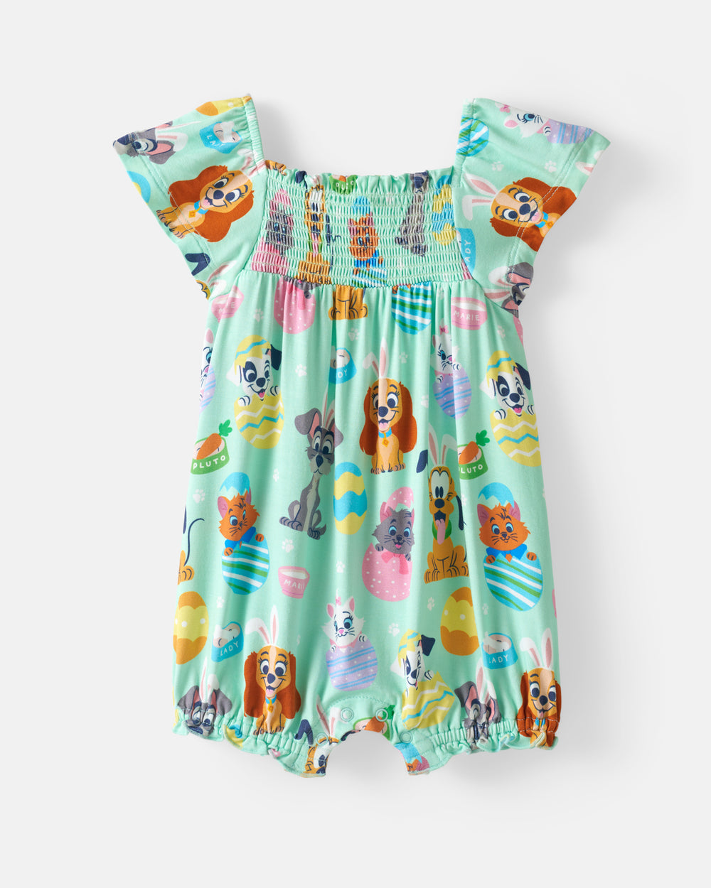 Flat lay of the Disney Peekaboo Pets Smocked Flutter Romper