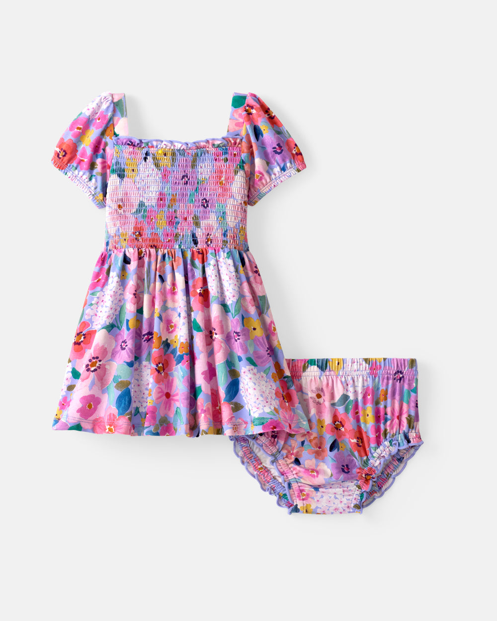 Flat lay of the Sweet Sprigs Puff Sleeve Smocked Dress with Bloomer