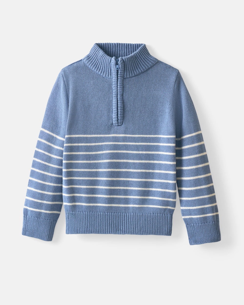 Flat lay of the Infinite Blue Stripe Zip Sweater