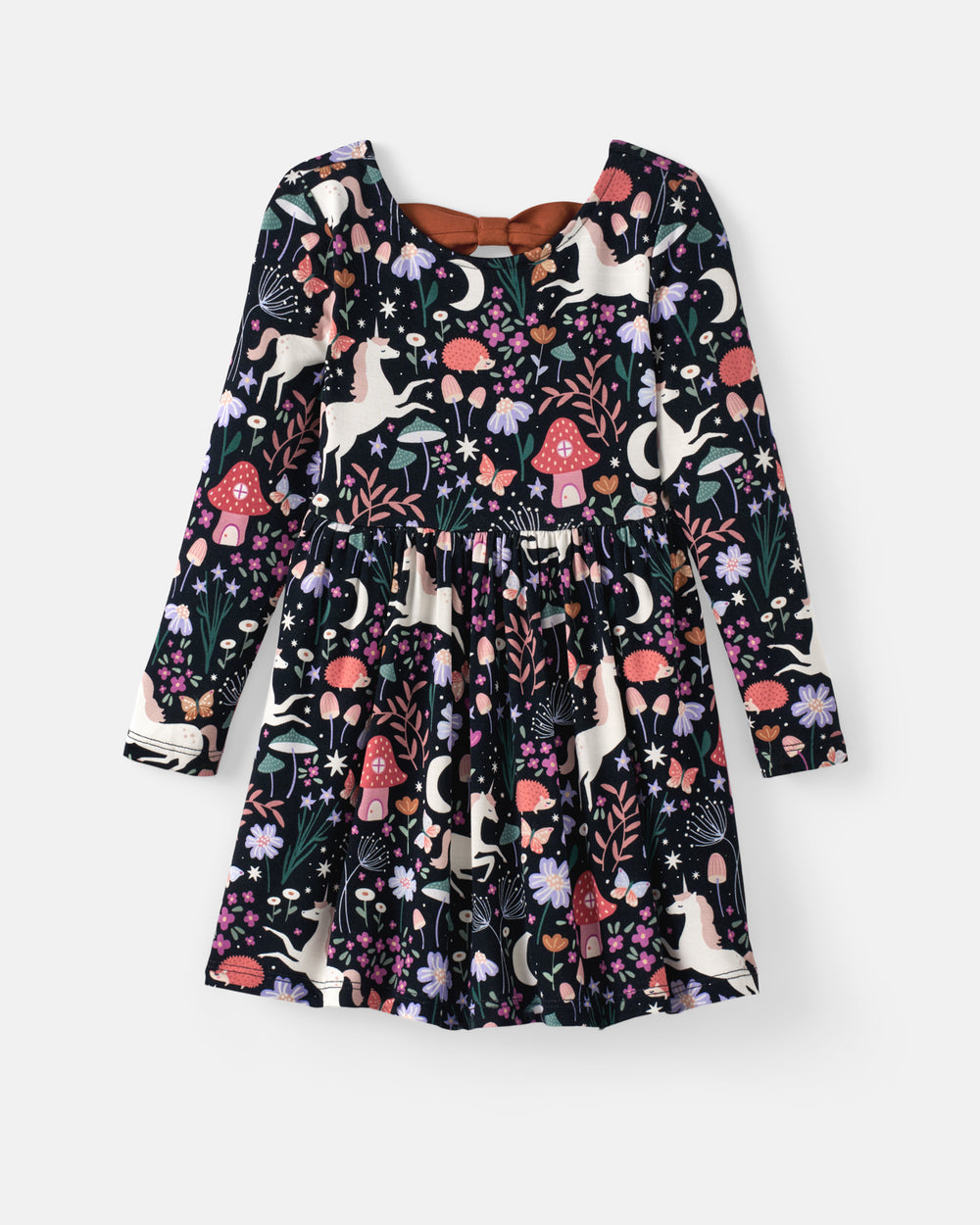 A long-sleeve children's dress with a whimsical woodland print featuring unicorns, mushrooms, flowers, and moons on a black background, shown flat against a light gray background.