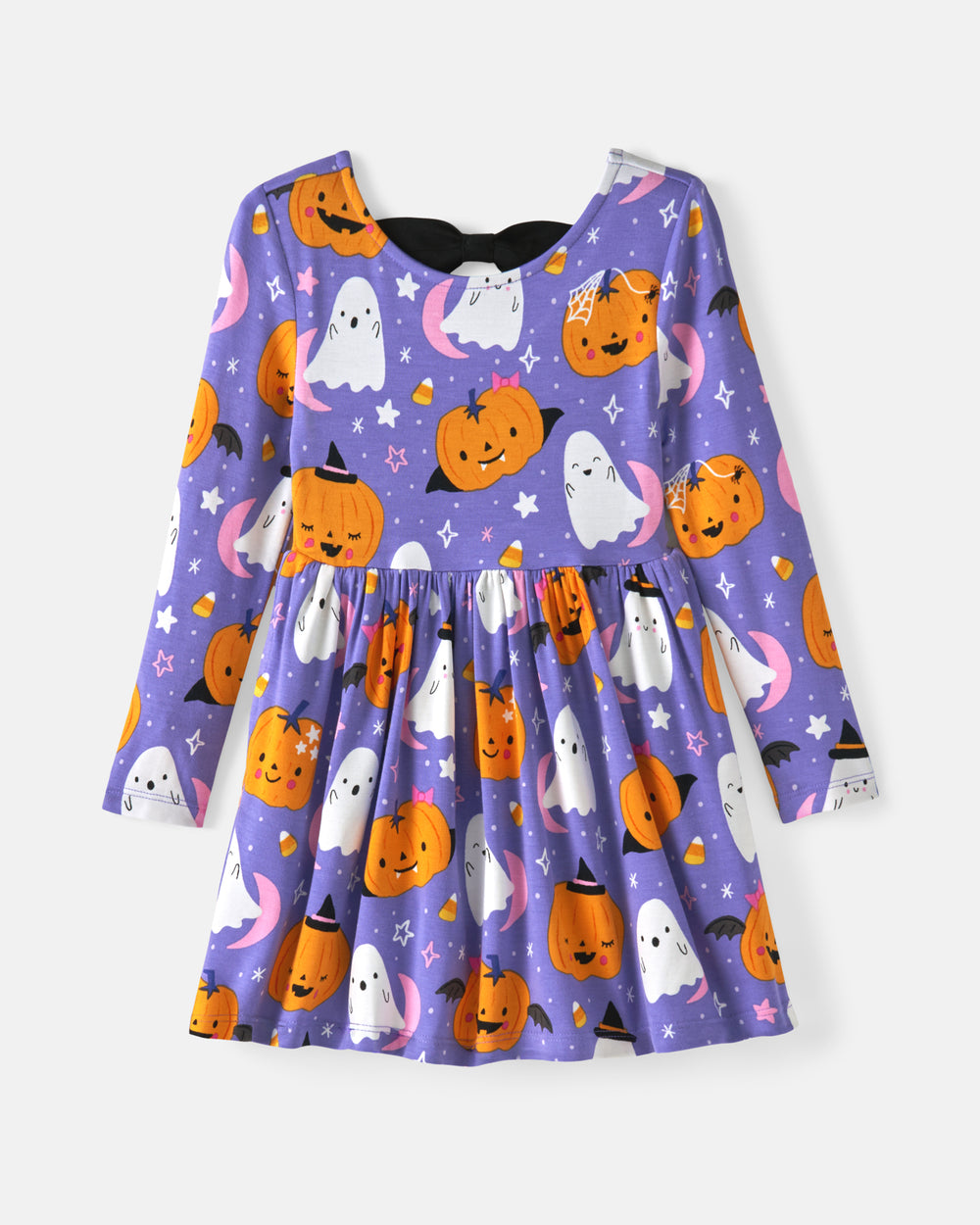 Flat lay of the Moonlit Magic Purple Bow Back Skater Dress