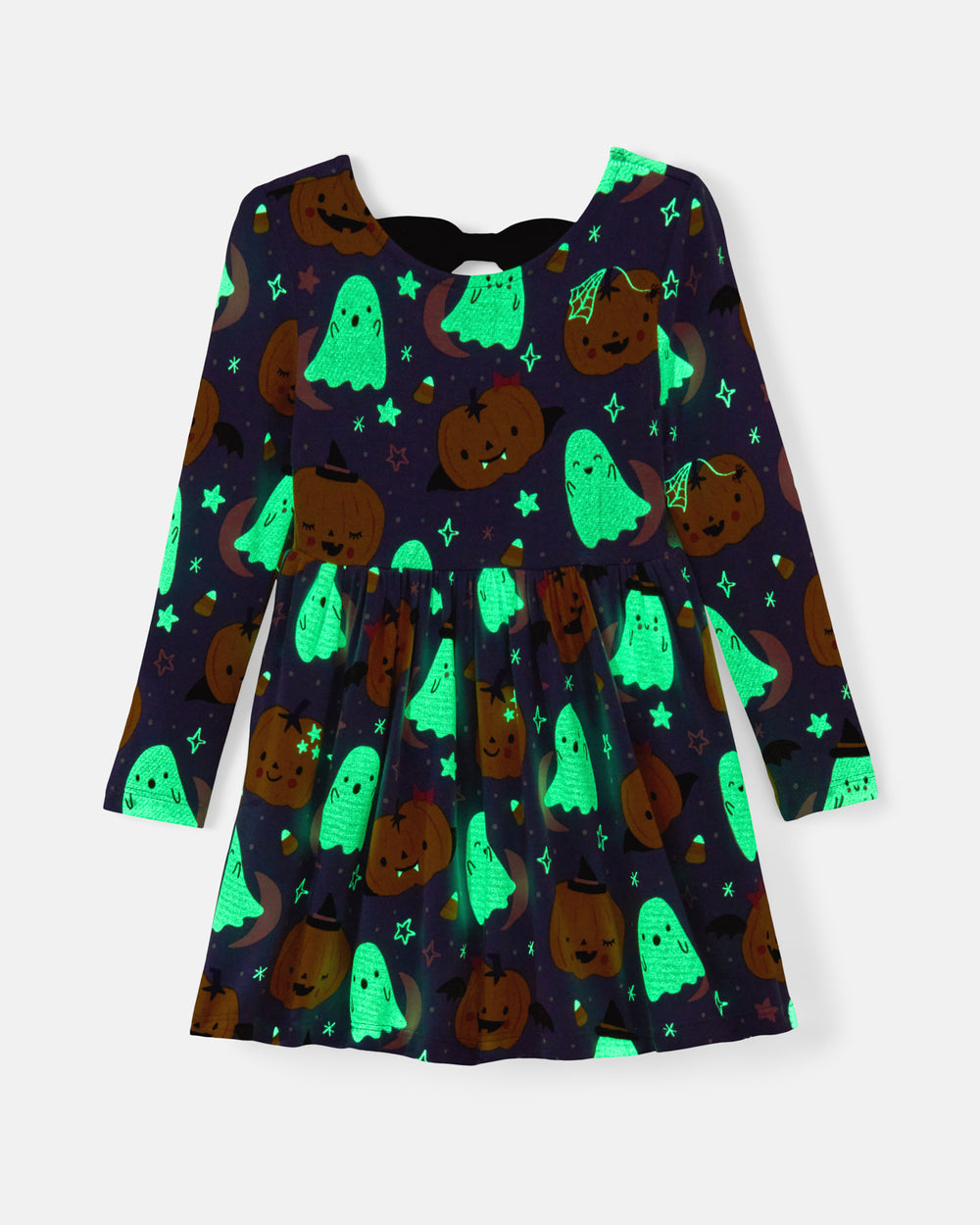 Flat lay of the glow in the dark Moonlit Magic Purple Bow Back Skater Dress