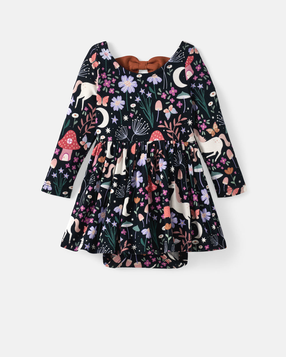 A long-sleeve children's dress with a black background and a colorful woodland print featuring mushrooms, flowers, stars, and a crescent moon, shown flat against a light gray background.
