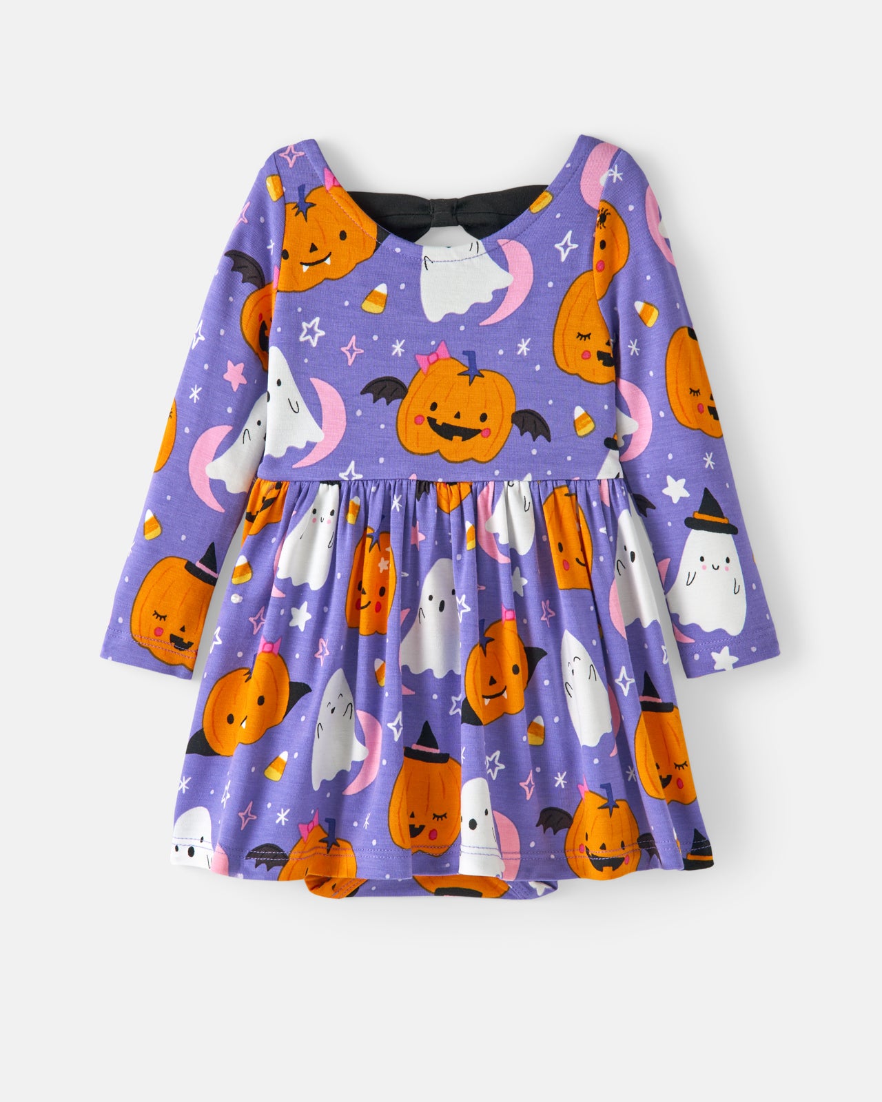 Flat lay of the Moonlit Magic Purple Bow Back Skater Dress with Bodysuit