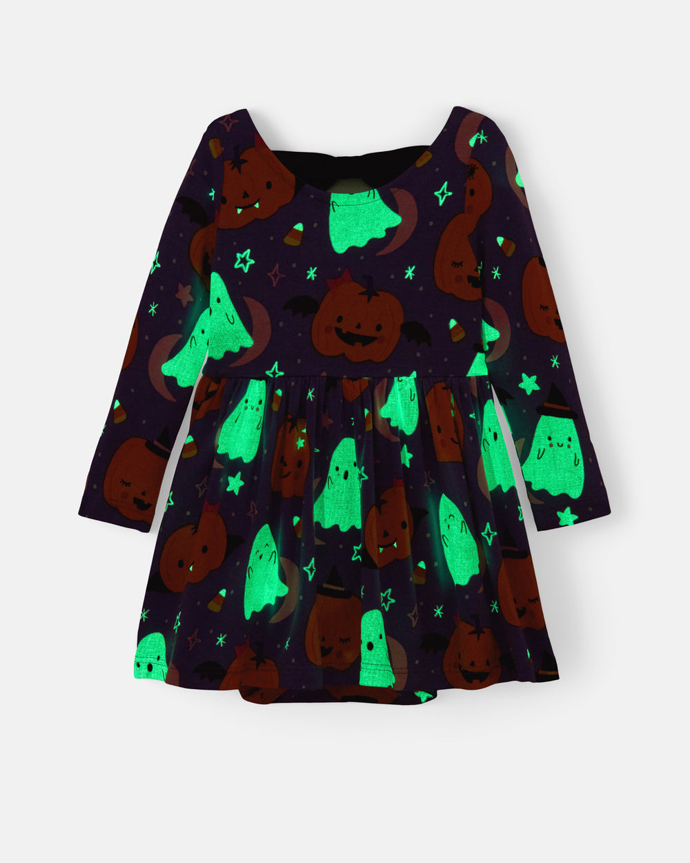 Flat lay of the glow in the dark Moonlit Magic Purple Bow Back Skater Dress with Bodysuit