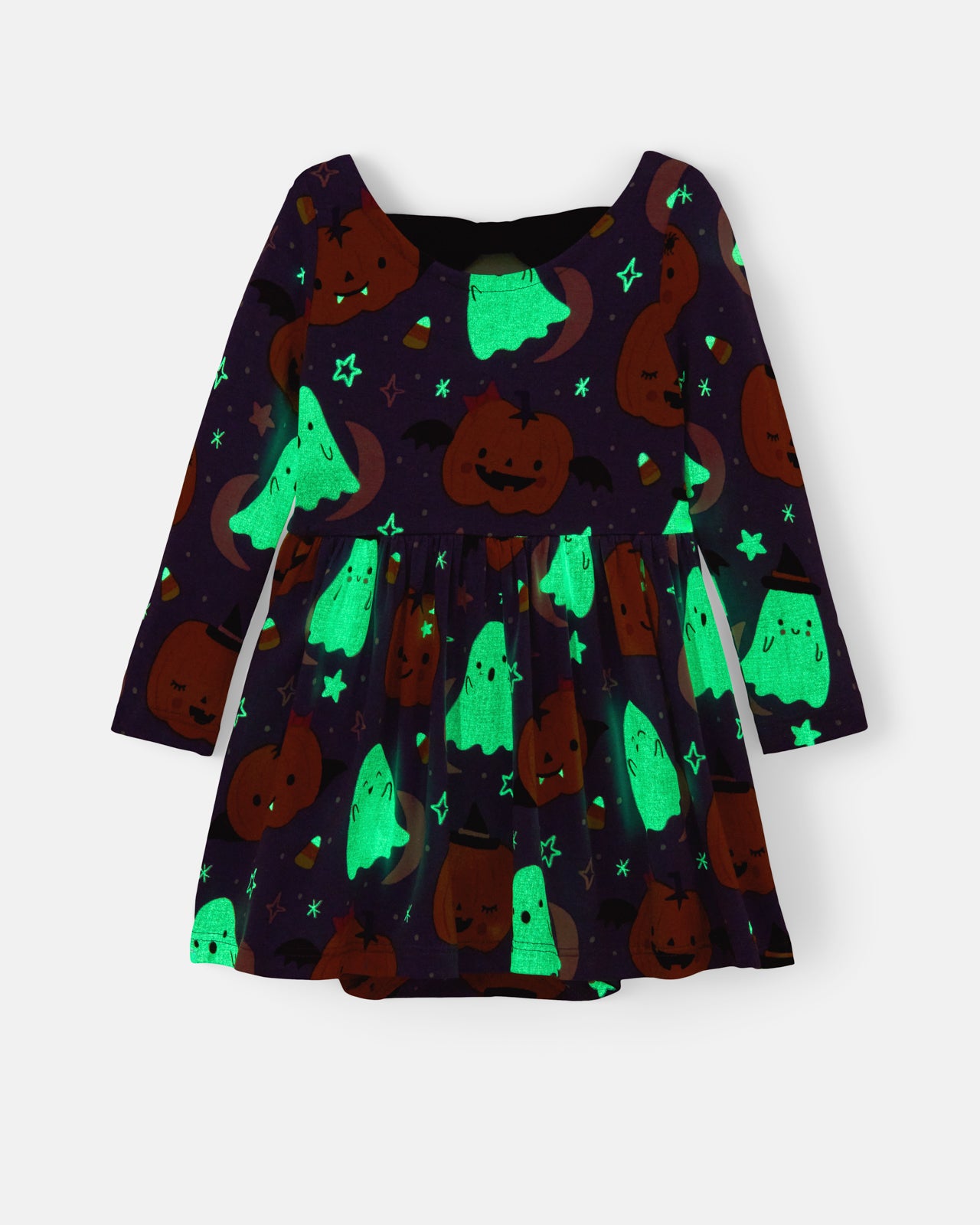 Flat lay of the glow in the dark Moonlit Magic Purple Bow Back Skater Dress with Bodysuit