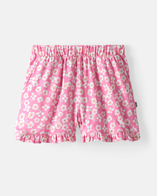Flat lay of the Sweet Pink Petals Ruffle Shorts