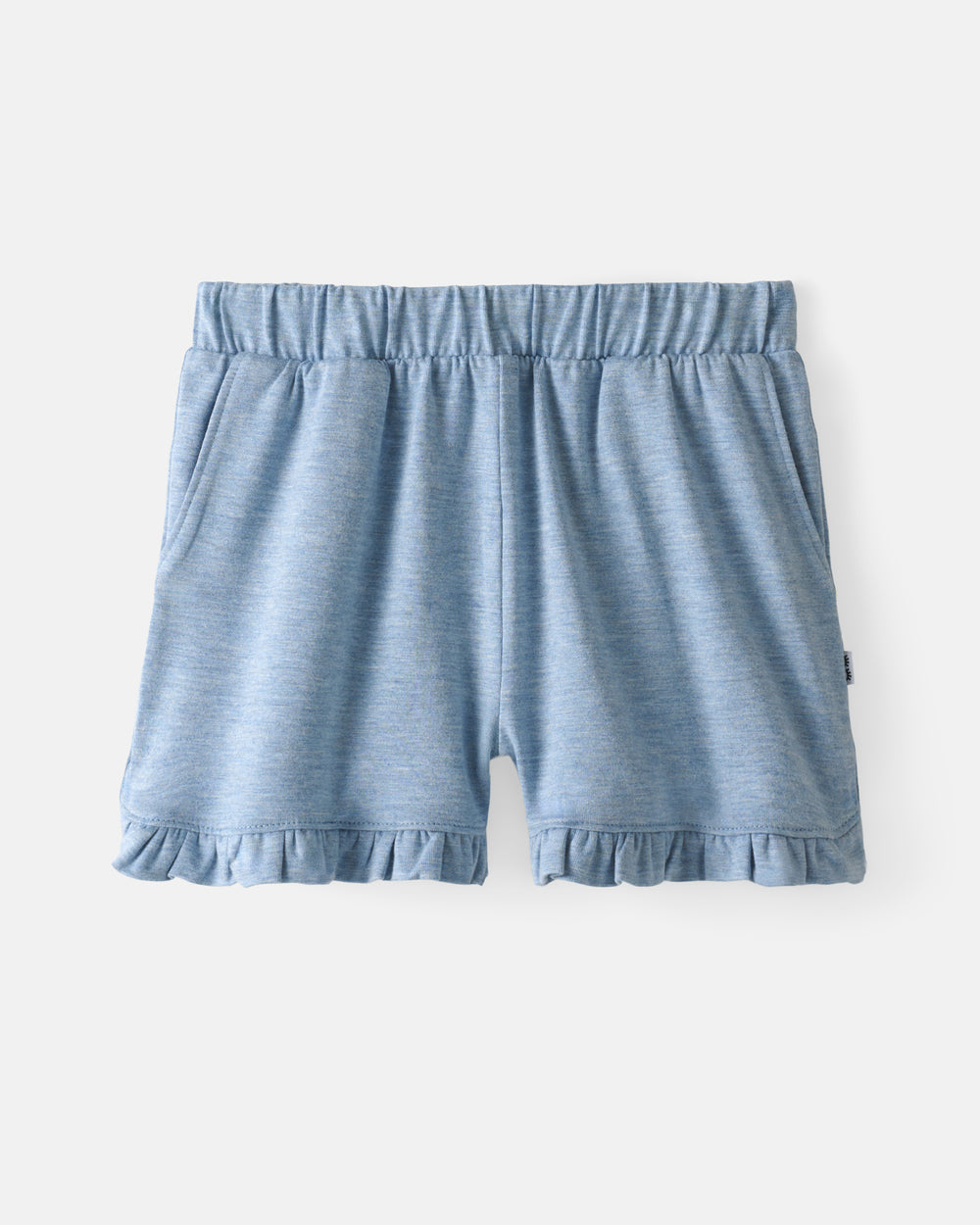 Flat lay of the Heather Blue Ruffle Shorts