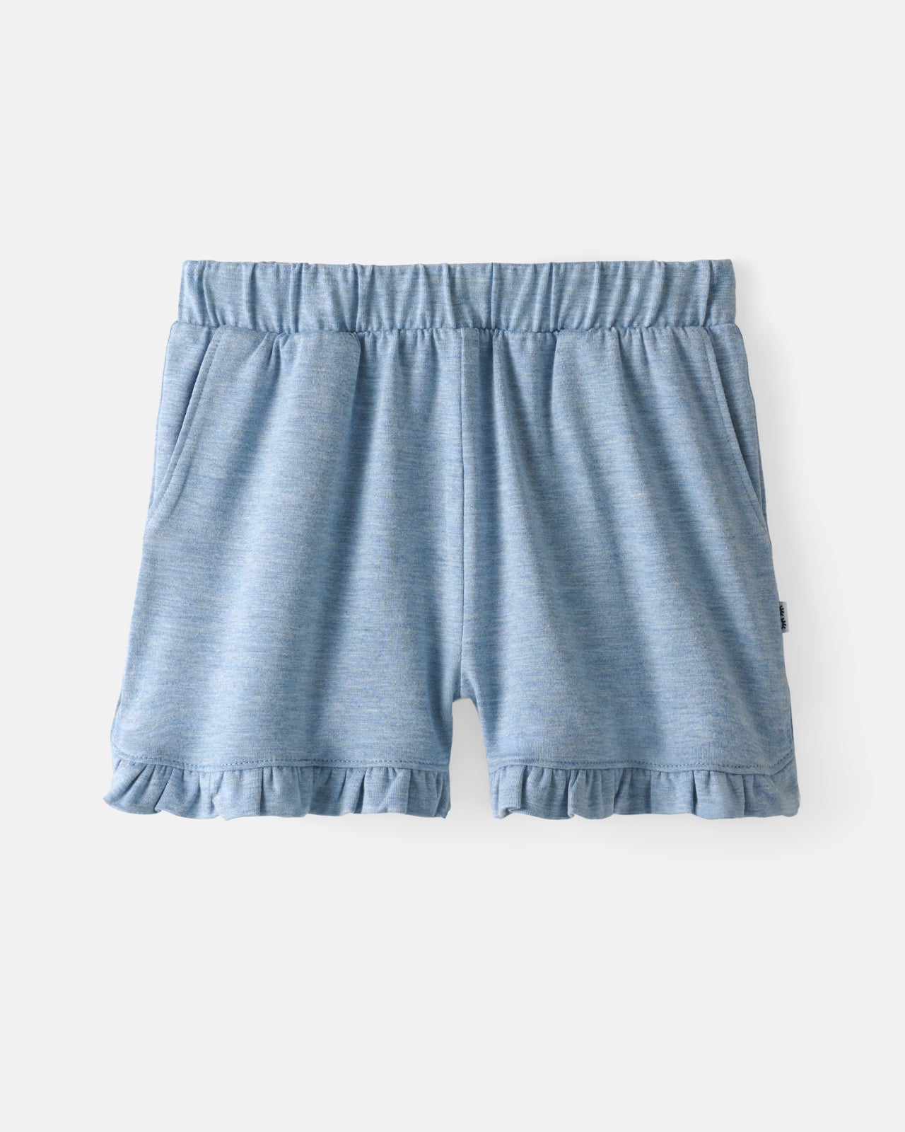 Flat lay of the Heather Blue Ruffle Shorts