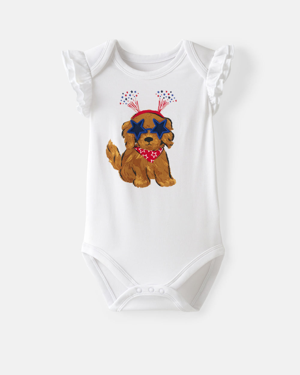 Flat lay of the Star Spangled Pup Flutter Bodysuit