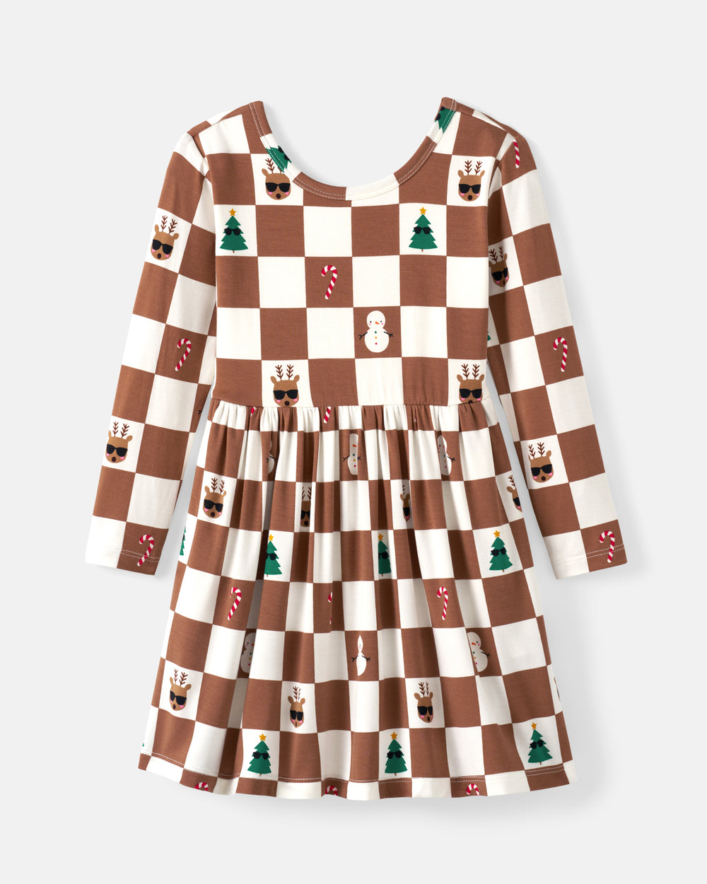 A long-sleeve dress with a brown and cream checkerboard pattern decorated with small Christmas motifs like candy canes, snowmen, and pine trees, shown against a light gray background.
