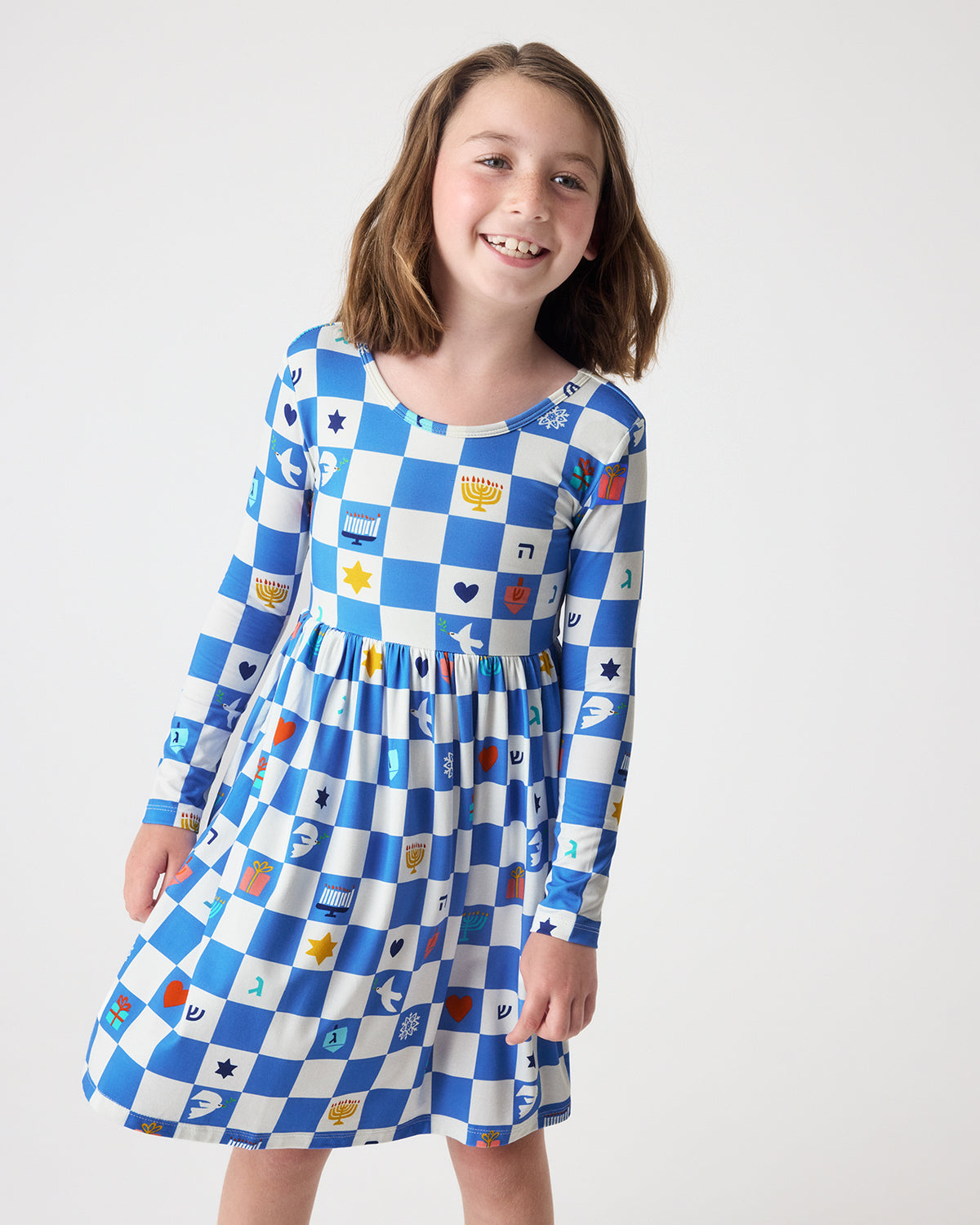 Girl wearing the Hanukkah Checks Skater Dress
