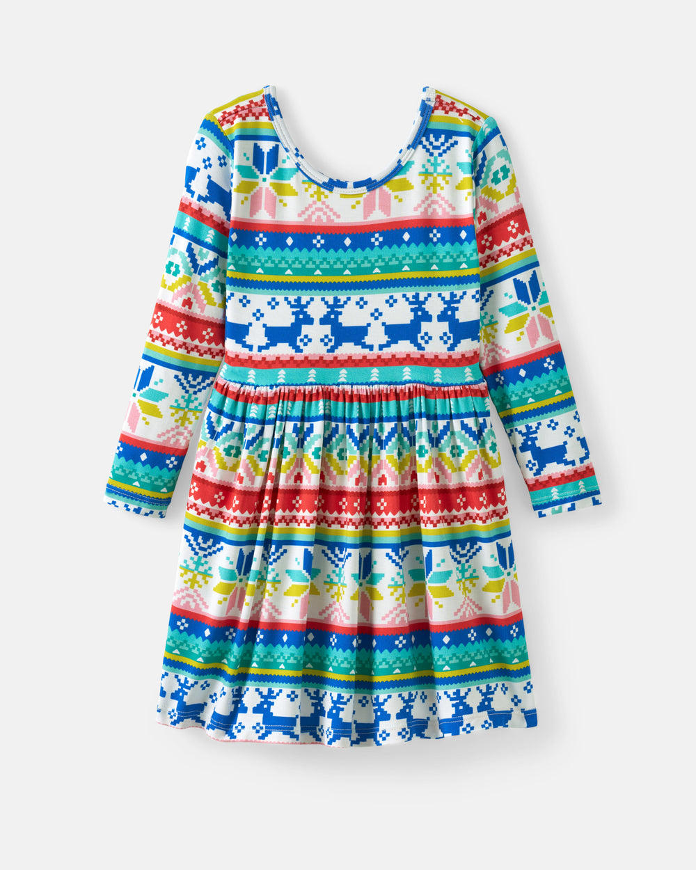 A long-sleeve children's dress with a colorful Nordic fair isle pattern featuring blue reindeer, red geometric borders, and green accents on a white background, shown against a light gray studio backdrop.