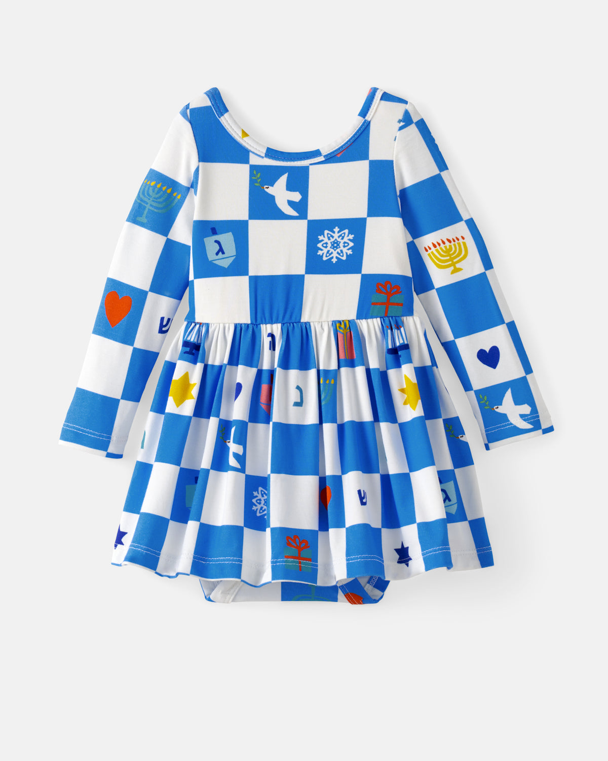 Flat lay of the Hanukkah Checks Skater Dress with Bodysuit
