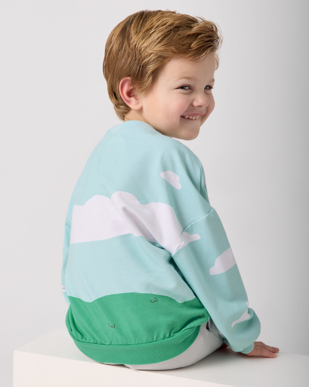 Back view of boy wearing the Bluey The Heeler House Drop Shoulder Crewneck