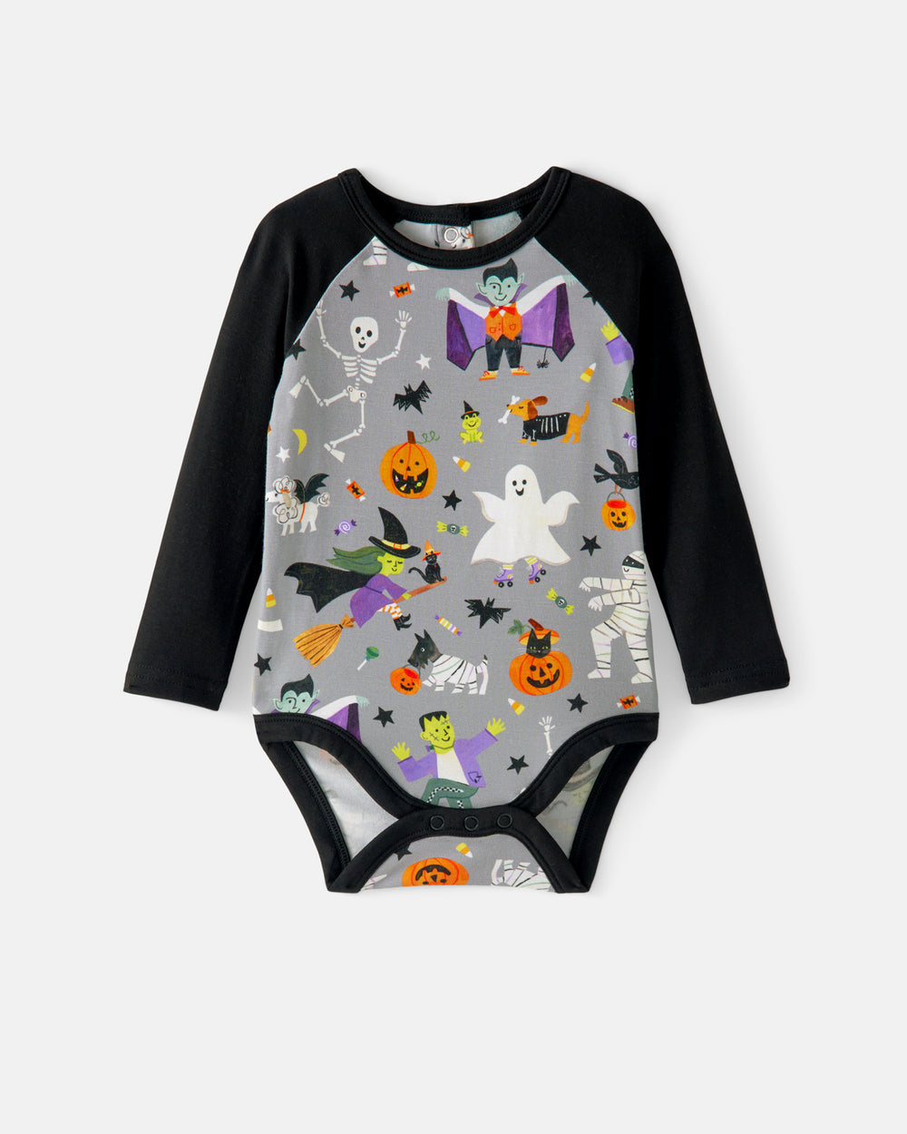Flat lay of the Dracula's Disco Raglan Bodysuit