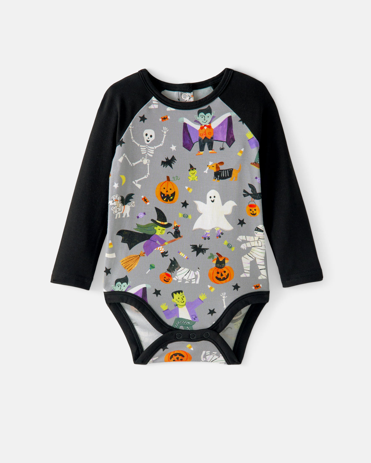 Flat lay of the Dracula's Disco Raglan Bodysuit