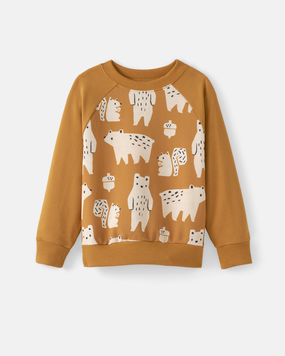A long-sleeve crewneck sweatshirt in a warm mustard-brown color, featuring an all-over print of stylized bear illustrations in cream and black.