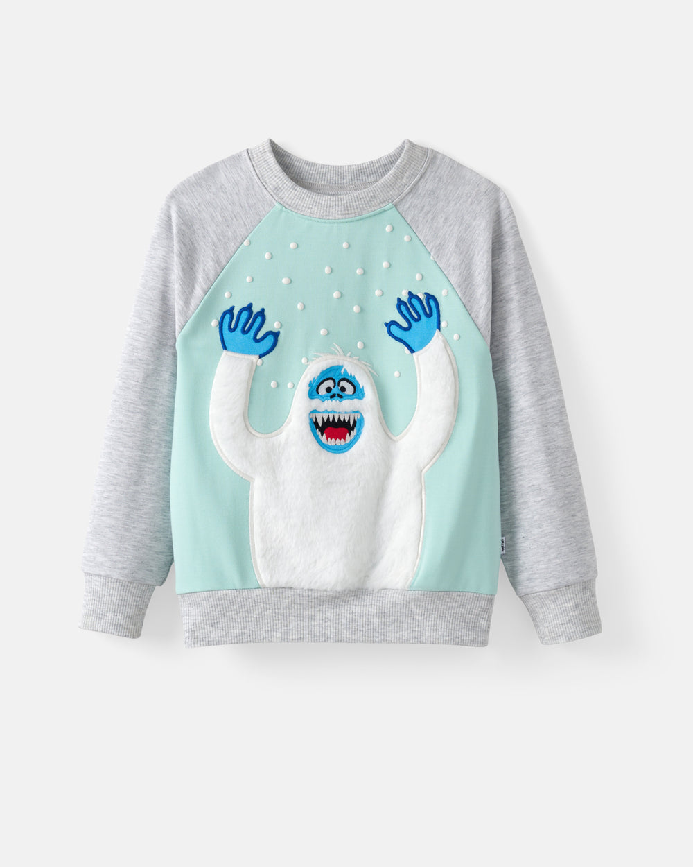 A kids' long-sleeve sweatshirt with heather gray sleeves and cuffs, a light mint green front panel, and a large applique of a white yeti with blue hands and mouth. The sweatshirt is shown flat against a light gray background.
