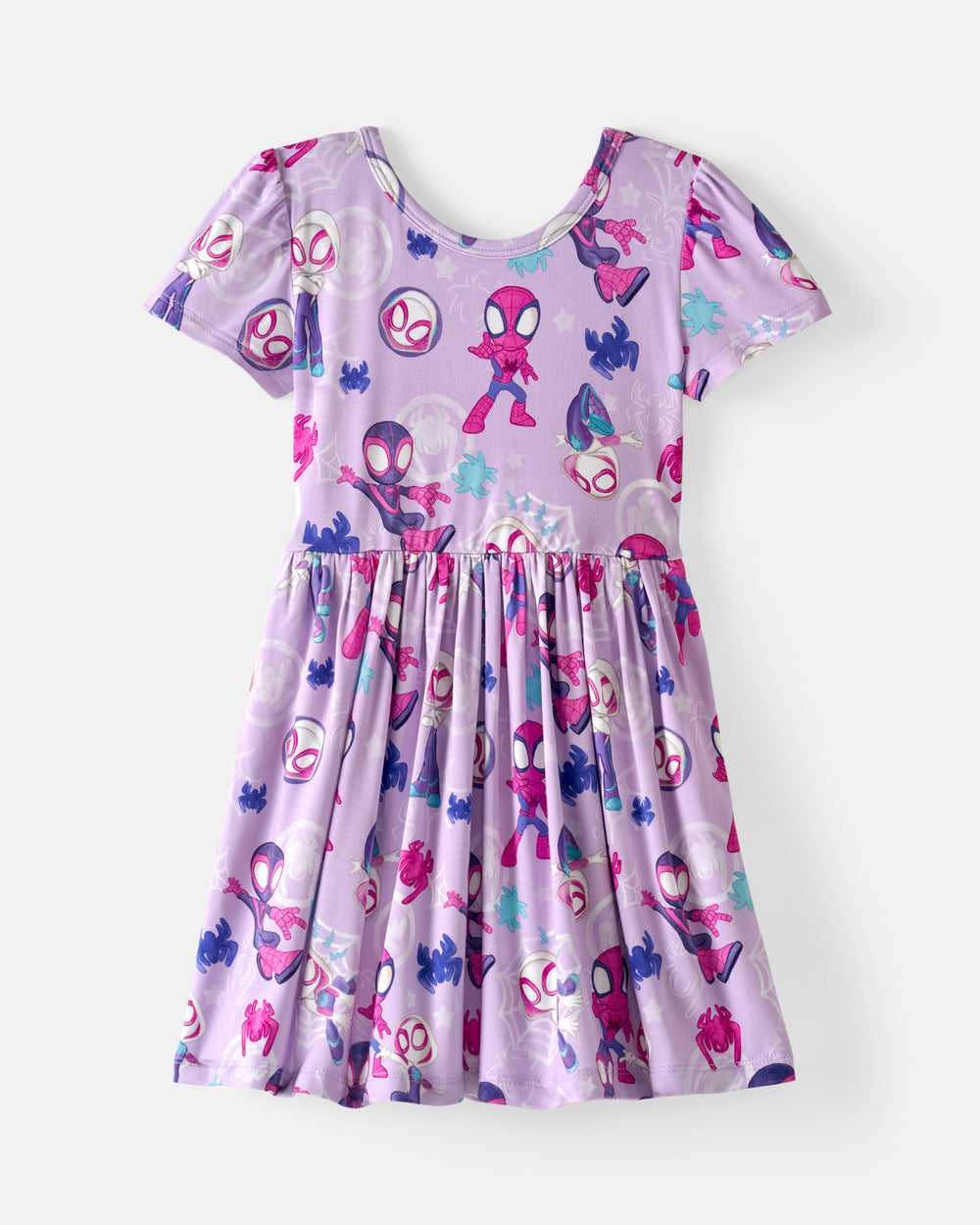 Flat lay of the Spidey & Friends Tiny Webs Skater Dress