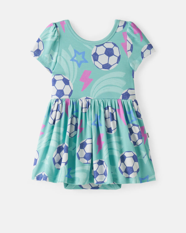 Flat lay of the Aqua Soccer Stars Skater Dress with Bodysuit