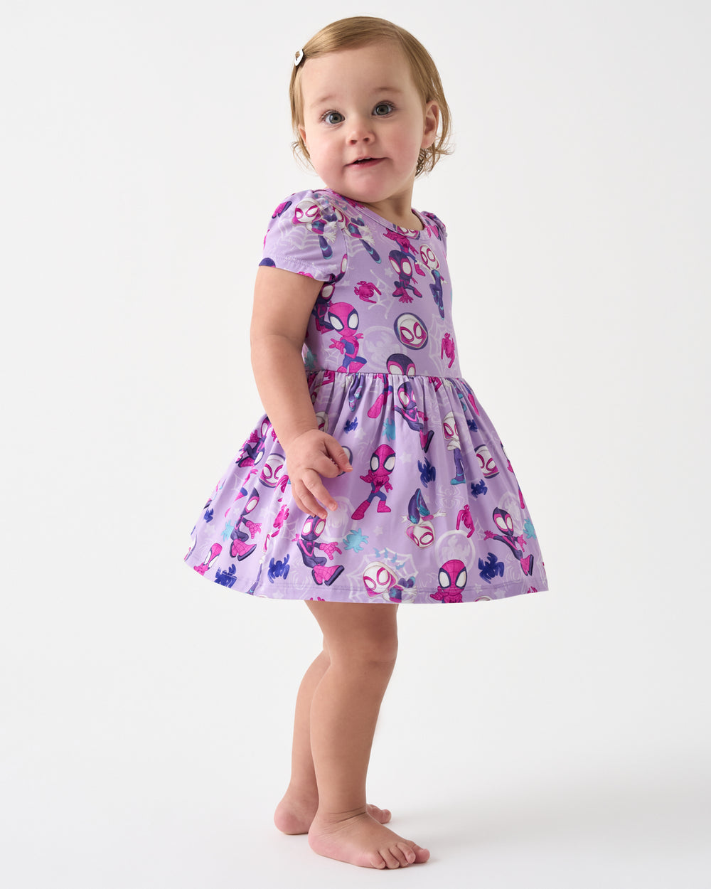 Toddler wearing the Spidey & Friends Tiny Webs Skater Dress with Bodysuit