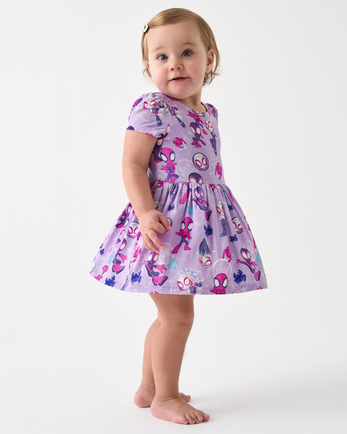 Toddler wearing the Spidey & Friends Tiny Webs Skater Dress with Bodysuit