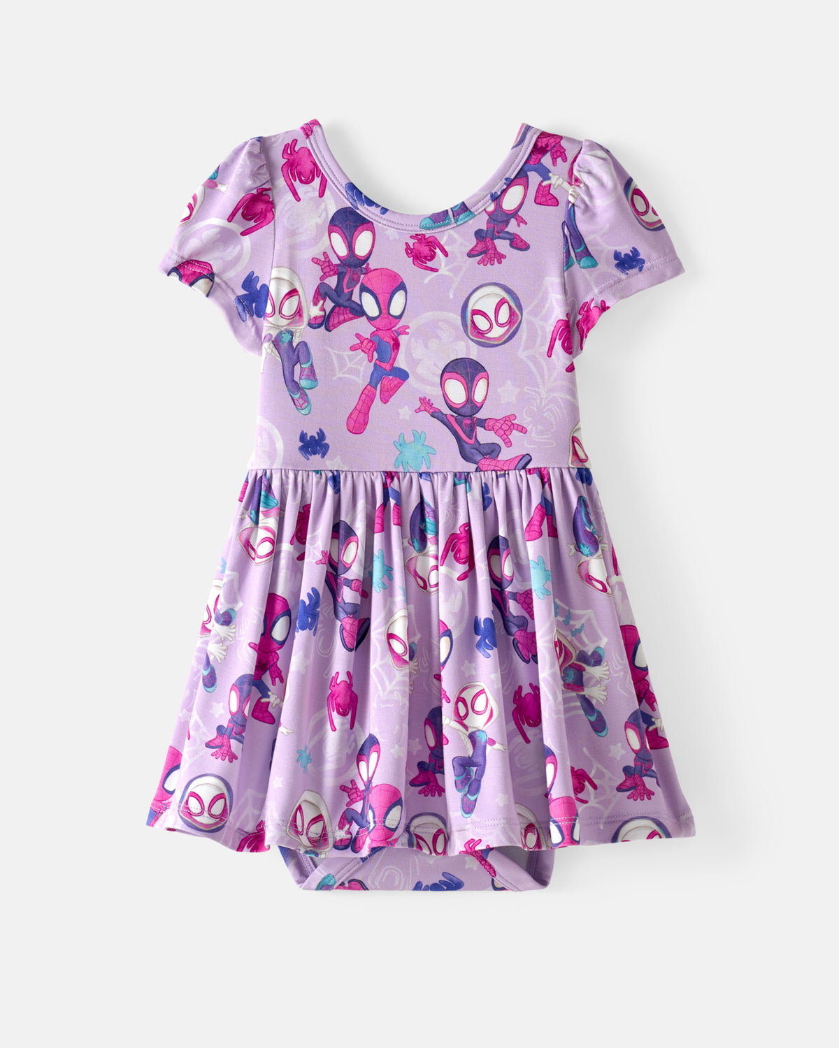 Flat lay of the Spidey & Friends Tiny Webs Skater Dress with Bodysuit