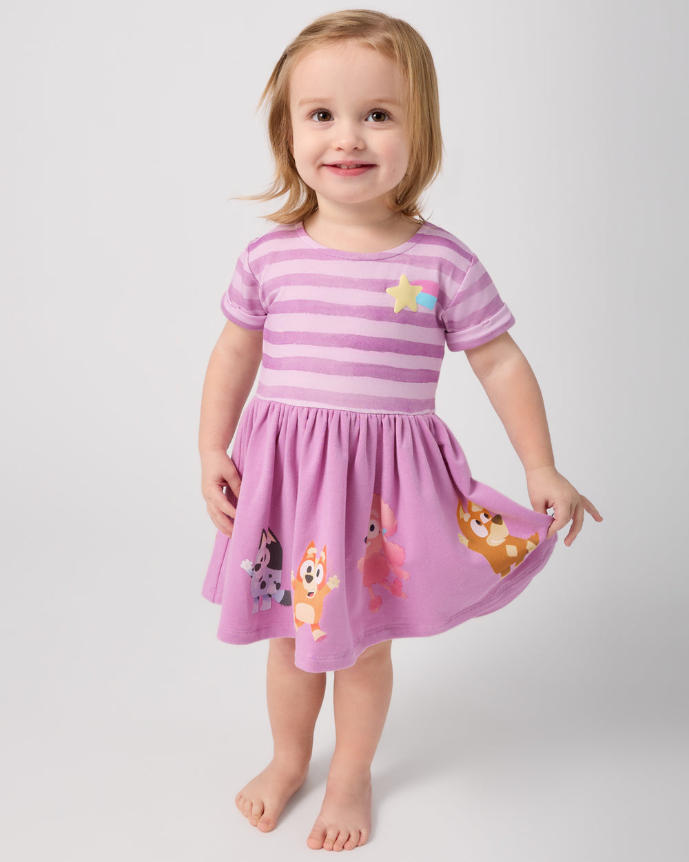 Toddler wearing the Bluey Friends Forever Dress with Bloomer