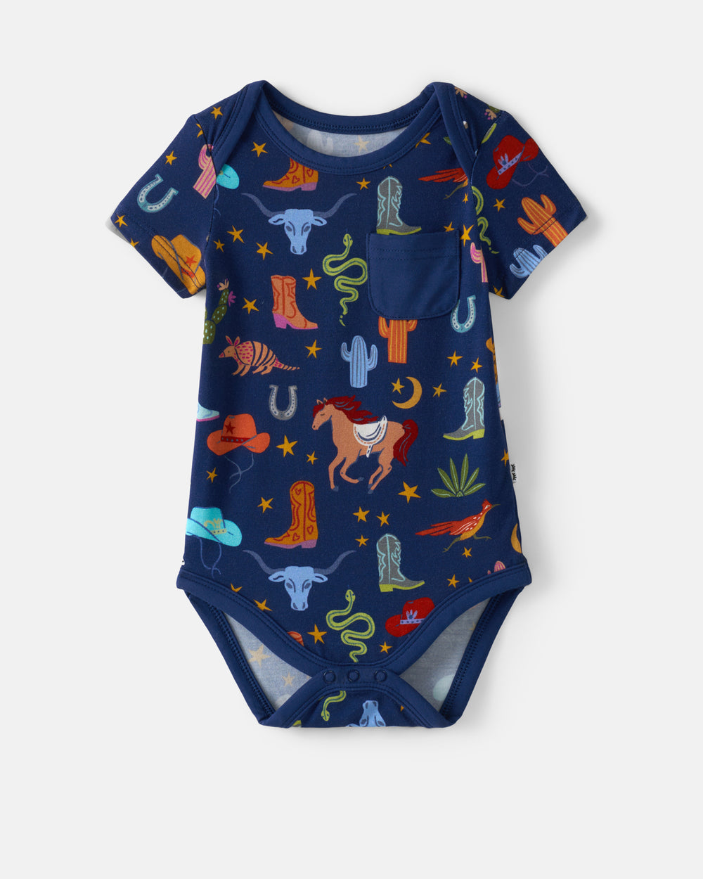 Flat lay of the Blue Rancher Roundup Pocket Bodysuit