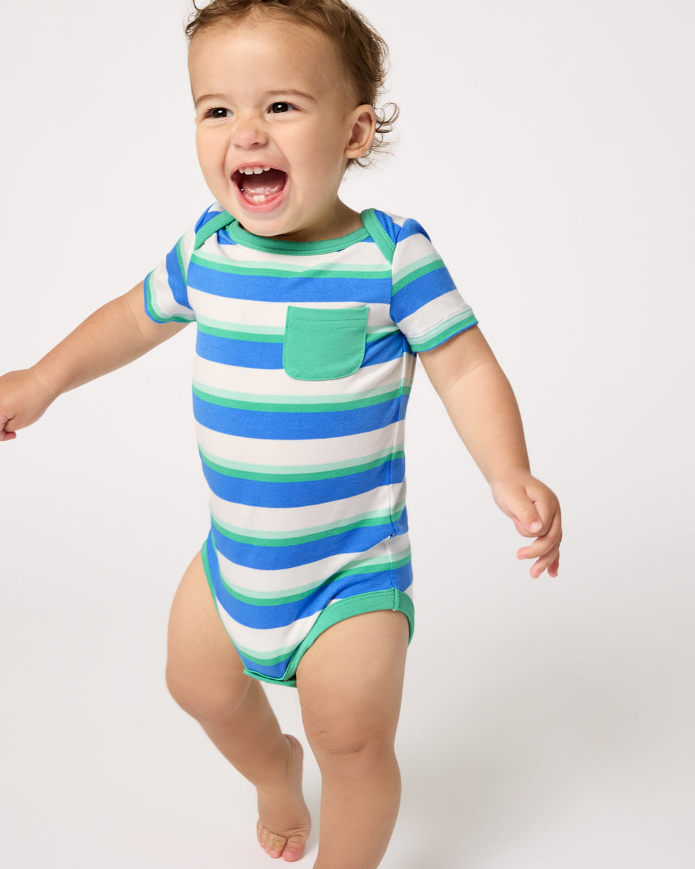 Walking baby wearing the Blue Bolt Stripes Pocket Bodysuit