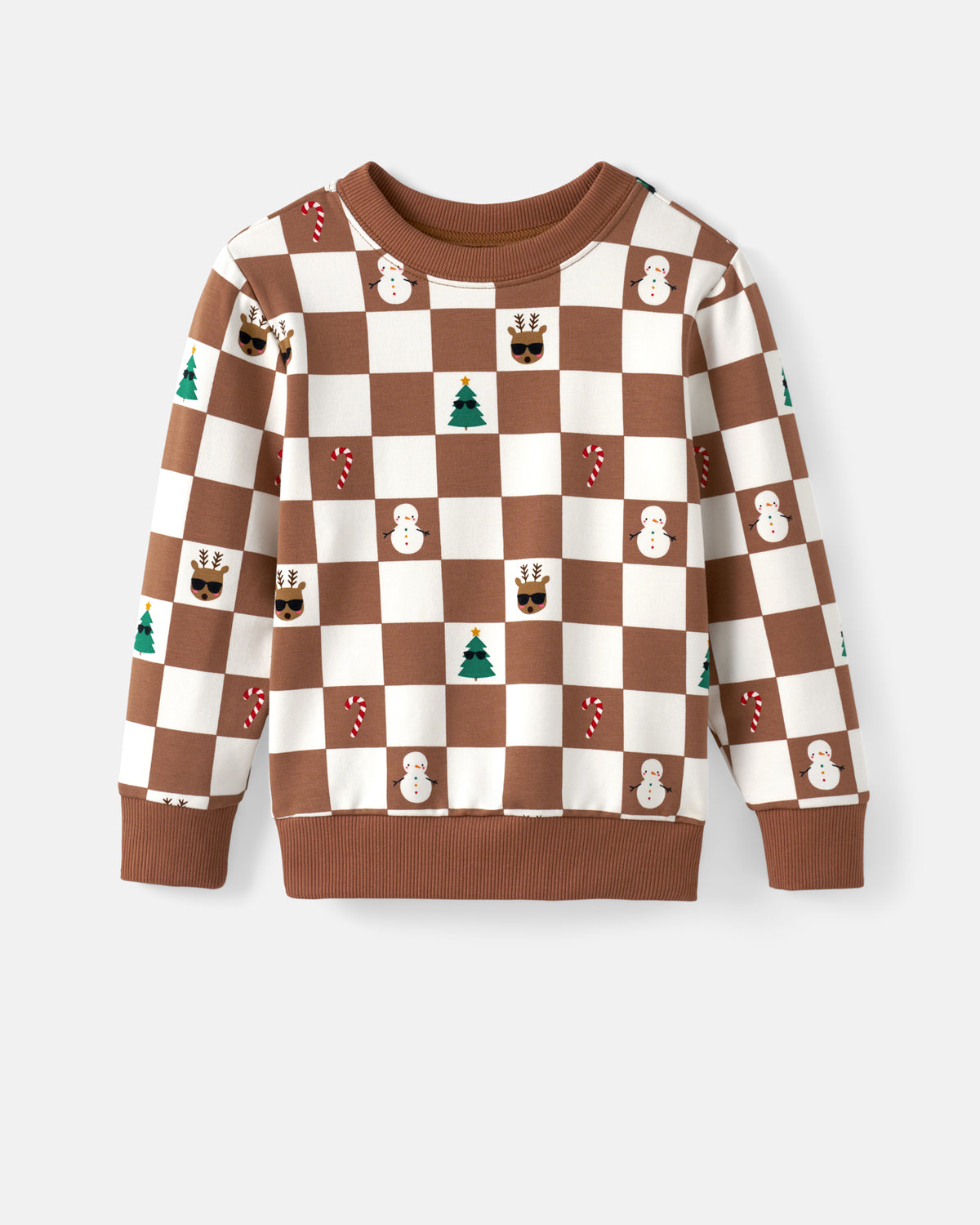 A long-sleeve crewneck sweatshirt featuring a brown and cream checkerboard pattern with small Christmas-themed illustrations including snowmen, candy canes, pine trees, and reindeer.