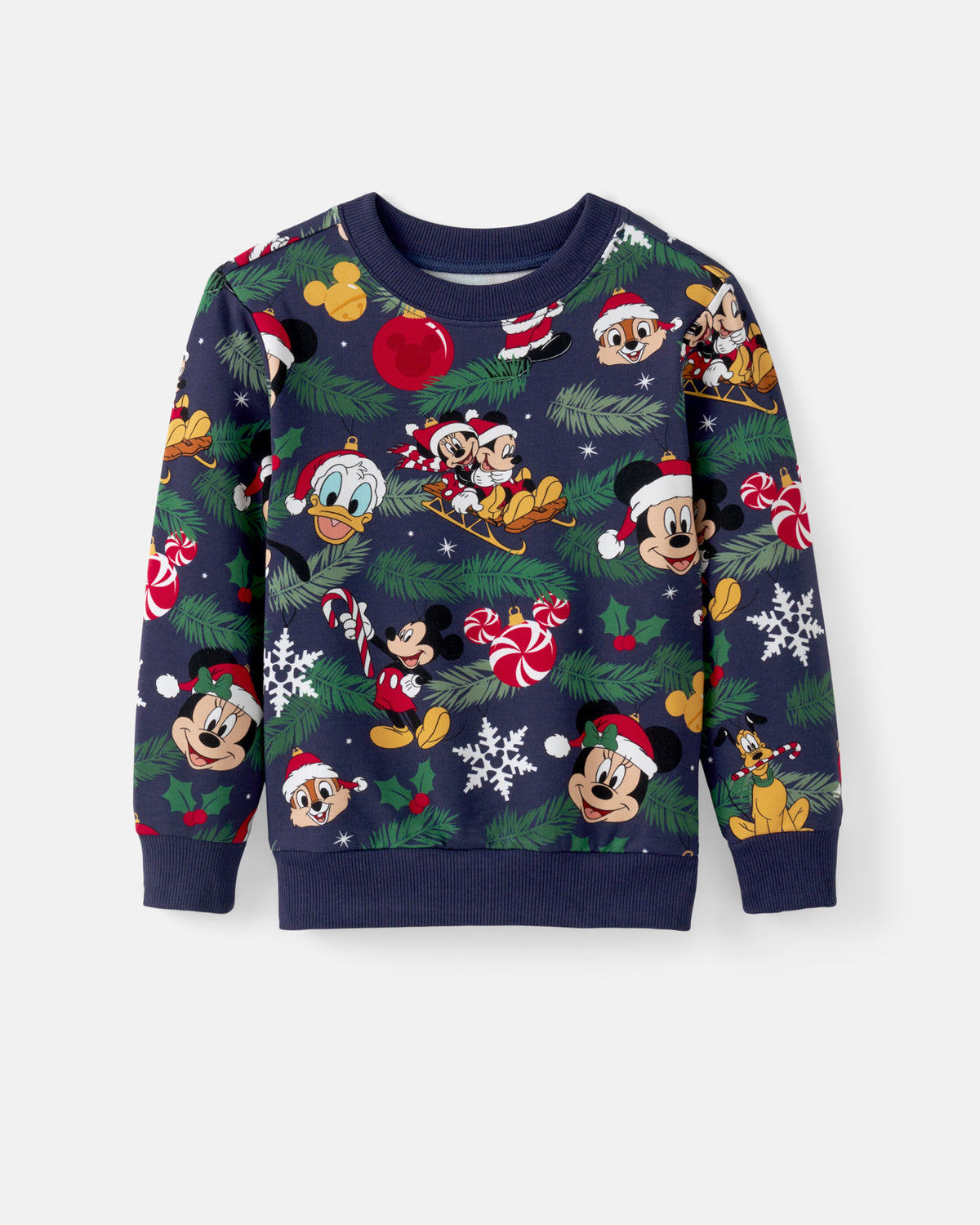 A navy blue long-sleeve crewneck sweatshirt featuring a festive Christmas print with Mickey Mouse, Minnie Mouse, Donald Duck, and Goofy in holiday attire, surrounded by pine branches, candy canes, snowflakes, and ornaments, shown on a light gray background.