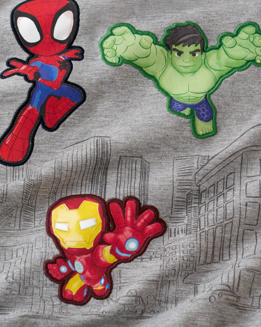 Close up of the graphic details on the Spidey & Friends Mighty City Heroes Crewneck Sweatshirt