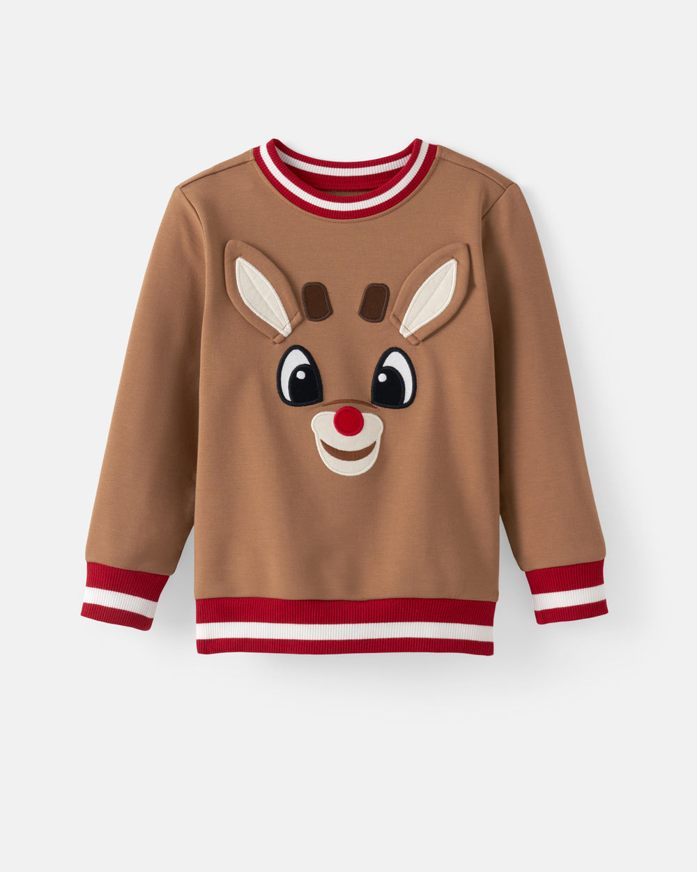 A kids' brown long-sleeve sweatshirt featuring a large applique reindeer face on the front, with red and white striped trim at the collar, cuffs, and hem.