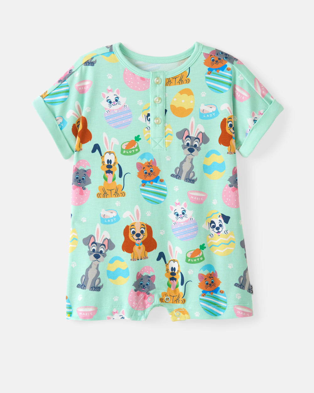 Flat lay of the Disney Peekaboo Pets Dolman Henley Romper