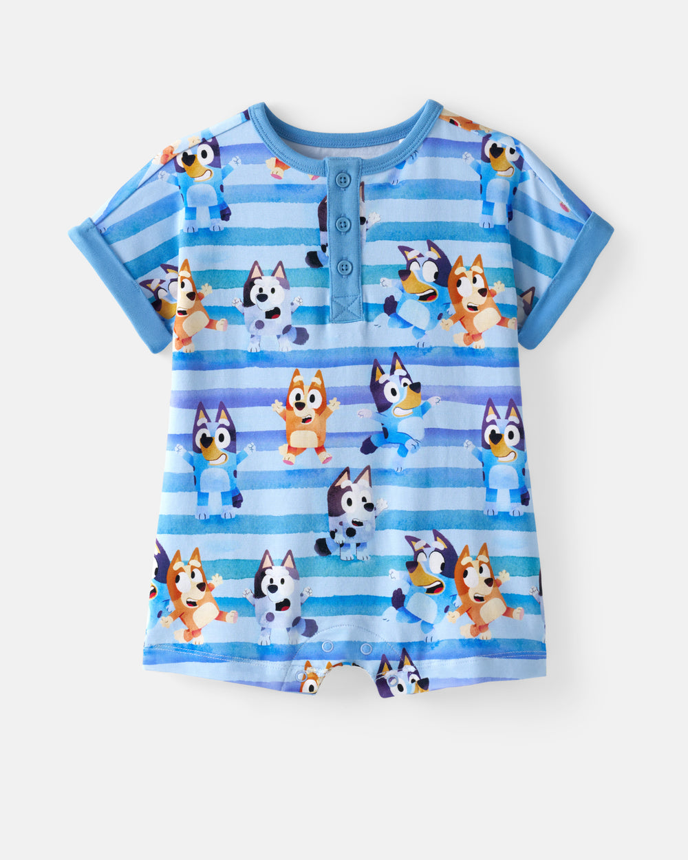 Flat lay of the Bluey Dance All Day Dolman Henley Romper