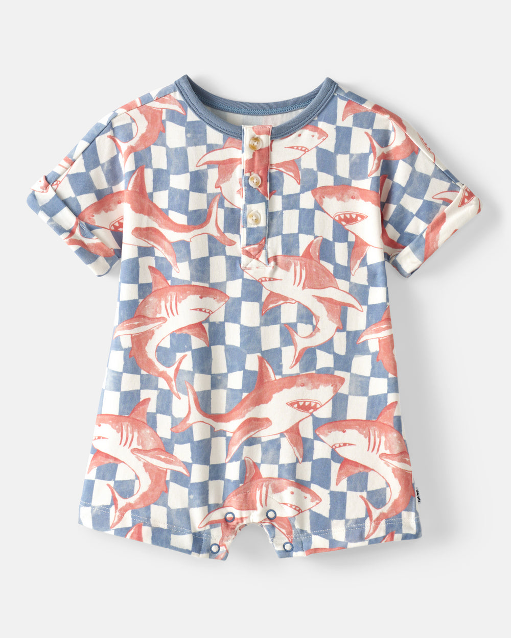 Flat lay of the Shark Fin Checks Dolman Henley Romper