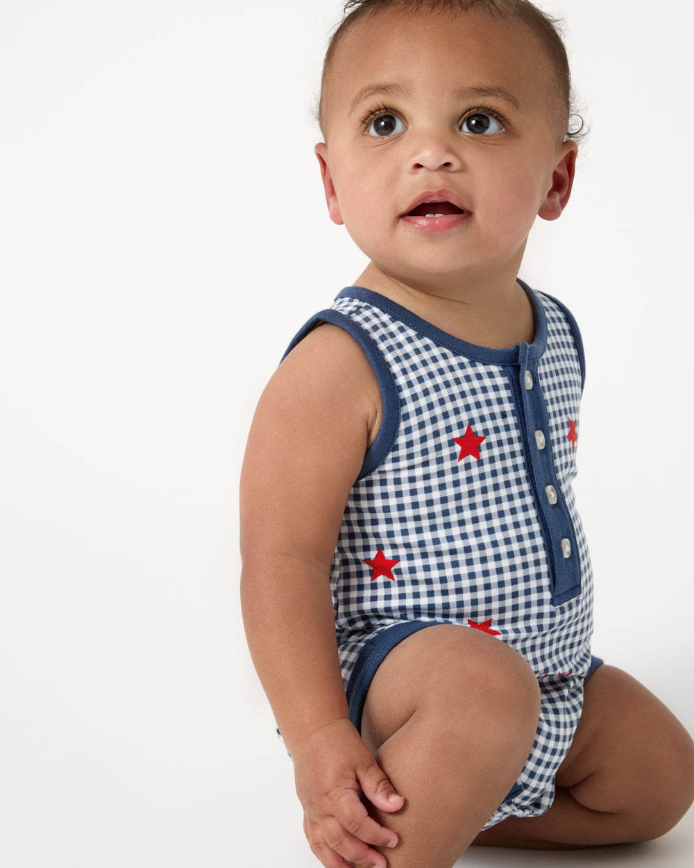 Alternate baby wearing the Blue Ribbon Gingham Henley Romper