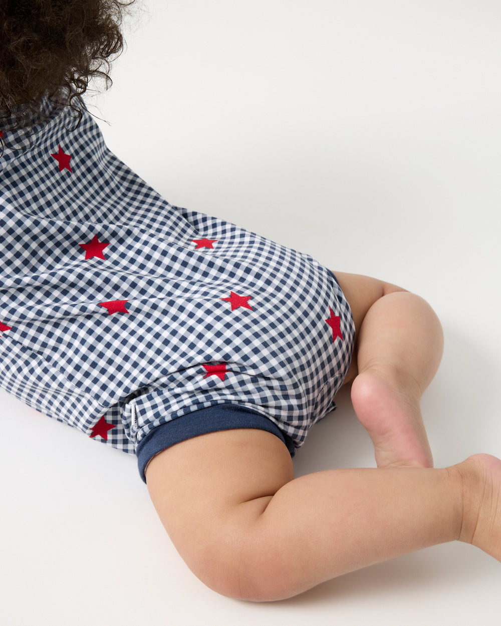 Close up of the leg opening on the Blue Ribbon Gingham Henley Romper